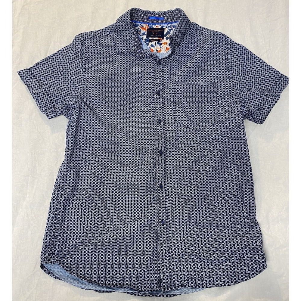 Denim & Flower‎ Ricky Singh M 40 Slim Fit Navy Print Button Up Shirt 100% Cotton